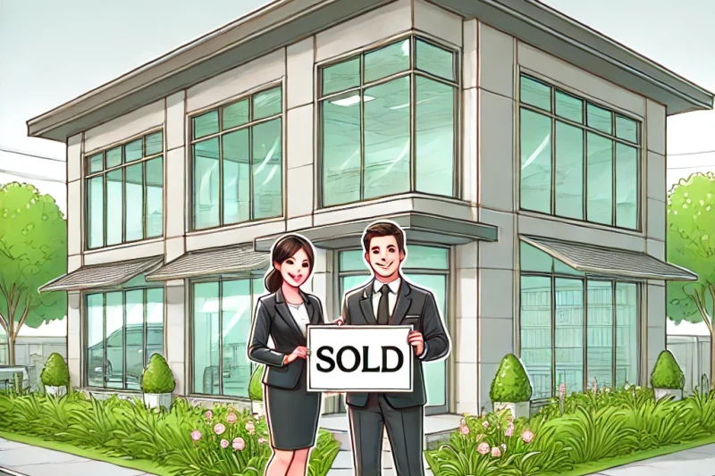 DALL.E 2024-11-10 01.29.23 - A detailed illustration of a commercial investment property with two happy first-time investors standing in front. The property has a modern, professi